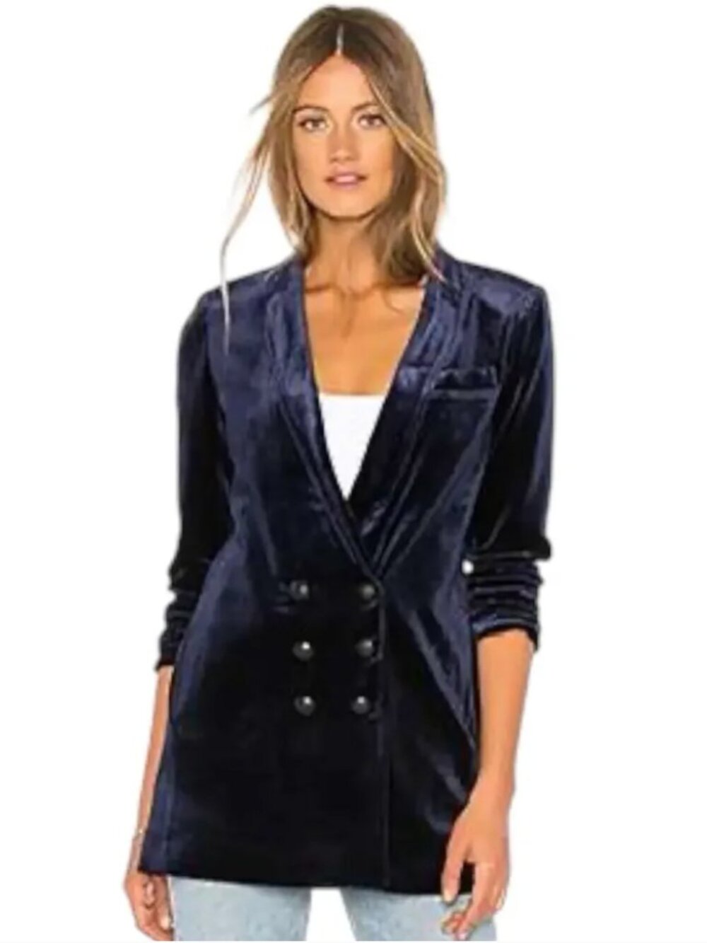 On Parle De Vous Navy Blue Velvet Double Breasted Blazer T0
